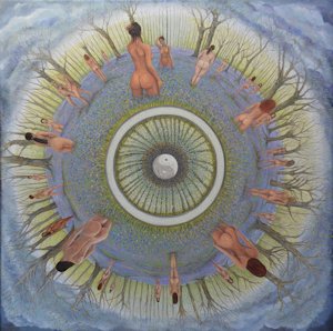 Symbolisch schilderij met blote vrouwen