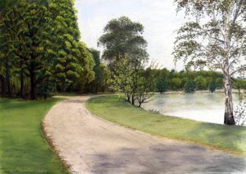 pastelkrijt tekening van waterlandschap Eindhoven