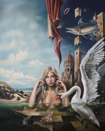 Het zwanenmeer met naakte vrouw acrylverf